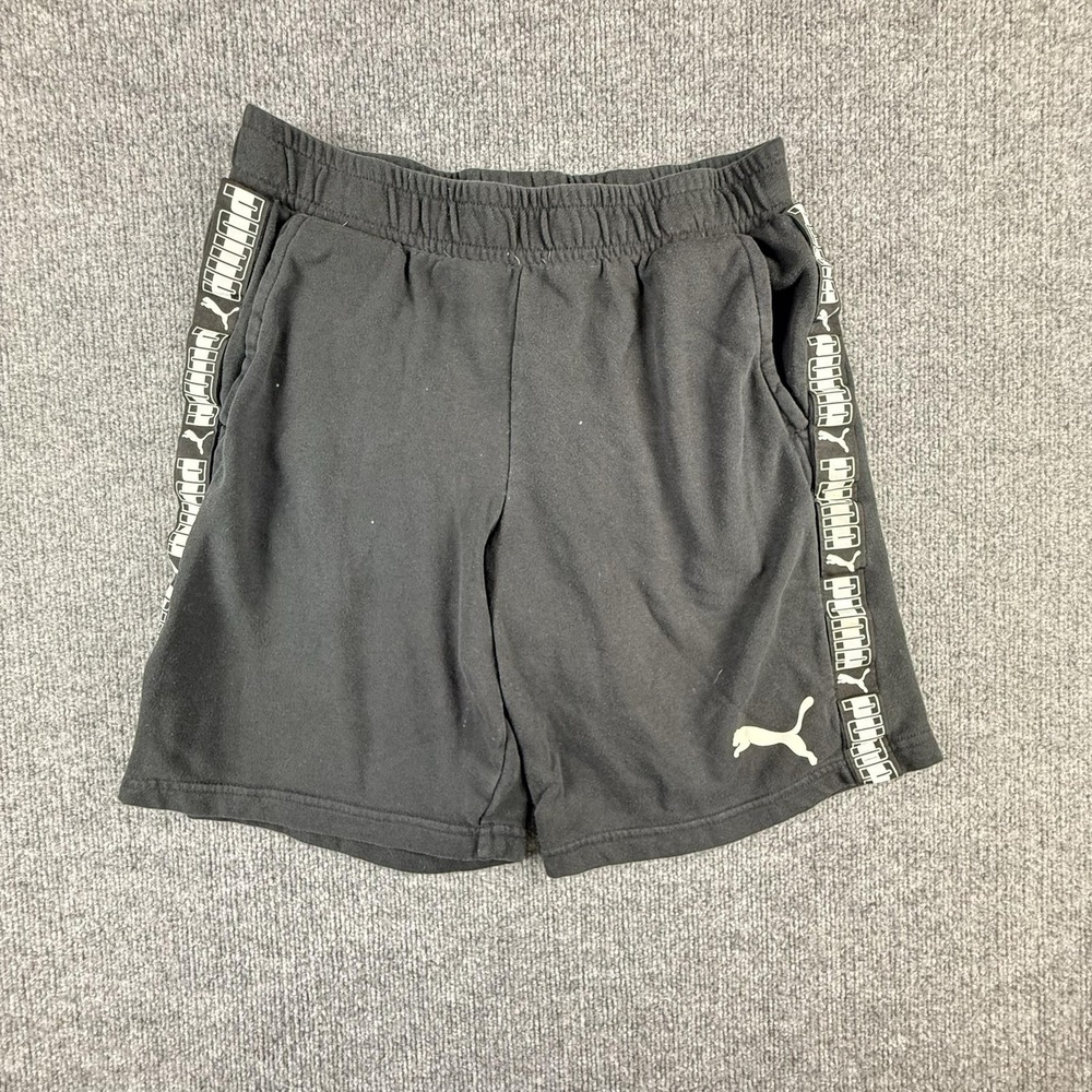 PUMA Shorts Mens Medium Black Logo Tape French Terry Drawstring Gym Athletic